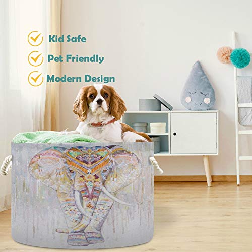 Image of visesunny Storage Basket Indian Painted Elephant Spotted Nursery Hamper Basket Clothes Toy Storage Organizer Bin Box Collapsible Laundry Bag for Kid Room,Playroom,Bathroom,Living Room,Dorm,Office