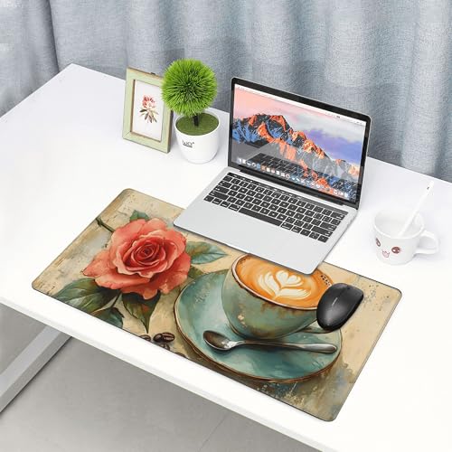 Image of Retro Rose Coffee Extended Gaming Mouse Pad, with Stitched Edges Large Mouse Pad Desk Protector, Rubber Base Mousepad Keyboard Mouses Mat for Work Game Office Home- 32 inch X 12 inch Inch,E843