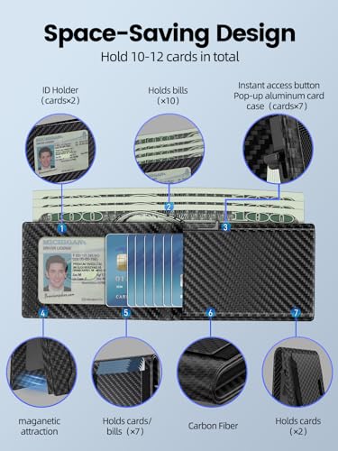 Airtag Wallet for Men - Carbon Fiber Smart Wallet with Pop-Up Mechanism | RFID Blocking Minimalist Bifold Holds 12+ Cards & ID Window | AirTag Holder (No AirTag Included) | Gift for Dad/Husband2