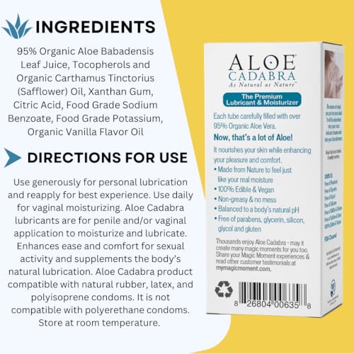 Aloe Cadabra Flavored Personal Lubricant and Vaginal Moisturizer, Organic Edible Aloe Lube for Men, Women and Couples, Non-Staining, pH Balanced, Toy Compatible (Pina Colada, 2.5 Ounces, 1 Pack) - Image 4