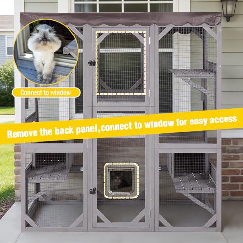 Image of 70.1'' Large Wooden Catio Outdoor Cat Enclosure, Multi-Level Cat House with Platforms, Hammock and Scratching Post, Removable Back Panel, Suitable for Backyard Patio, Fits 2-6 Cats, Grey