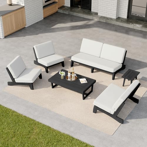 Image of Pia Ricoo 6-Piece Patio Furniture Set, Outdoor Sectional Sofa with Loveseat, 2 Chairs, Coffee Table & Side Table, All-Weather Conversation Set for Backyard /Deck /Lawn - Beige /Dark