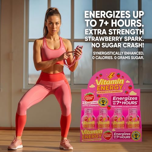 Image of Vitamin Energy Strawberry Spark Extra Strength Energy Shot, 12 Pack - Up to 7 Hrs, 260mg Natural Caffeine, Zero Sugar - Green Tea Extract, Immune Support, B12 B6 Niacin, 1.93 fl oz, Keto Vegan