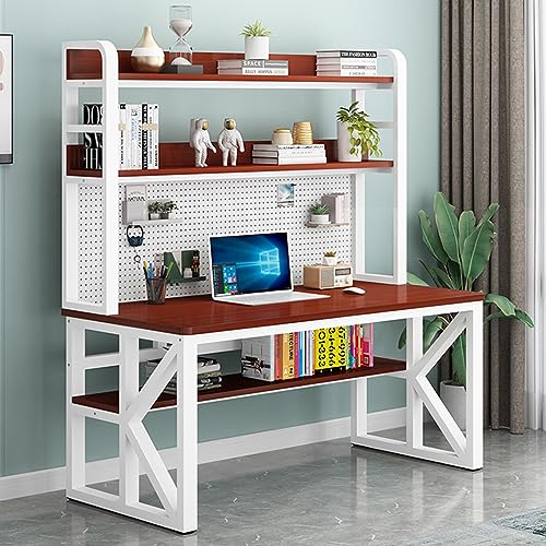 Escritorio moderno de la computadora con estantes de almacenamiento y Pegboard Estudio grande Escritura Estación de Trabajo Mesa para Oficina Hogar 39Inch Teak+Blanco Ideal para Estudiantes y