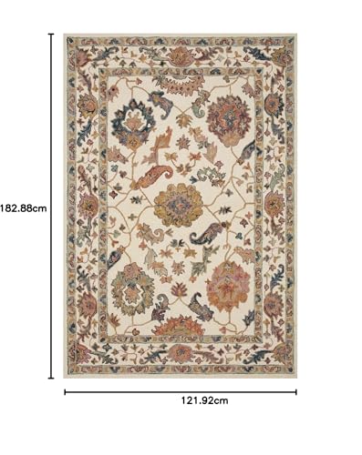 Image of Hand-Tufted Wool Carpet for Living Room 4x6 feet Ivory Multicolor Traditional Design Anti-Skid High Pile Thick Carpet & Rugs for Bedroom & Hall