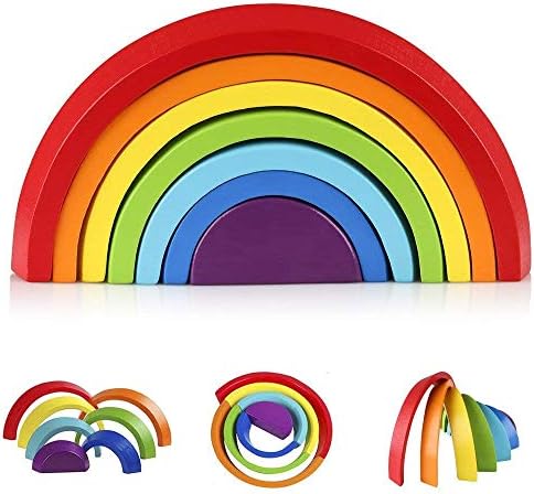 Afunti Wooden Rainbow Stacking Toy Stacker Nesting Puzzle Blocks, Color Shape Matching Educational Learning Toys for Kids Toddlers Boys and Girls