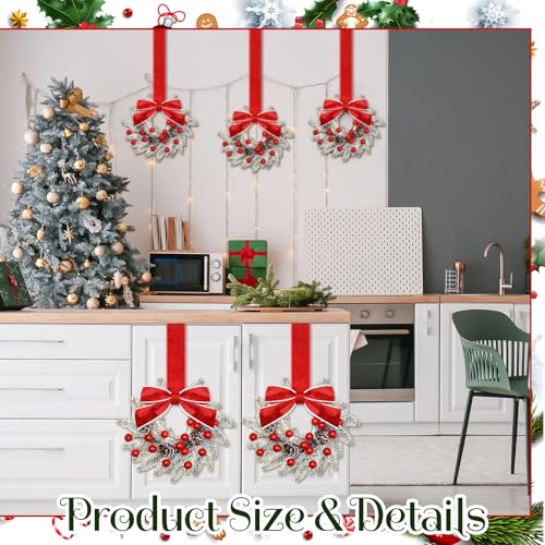 Image of Dingion 6 Pcs 6 Inch Christmas Mini Cabinet Wreaths for Kitchen with Ribbon Bows Red Berry Small Winter Window Wreath Garland for Door Window Farmhouse Christmas Party Decorations