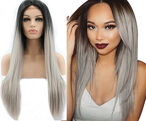 Ebingoo Long Straight Grey Ombre Dark Roots Synthetic Lace Front Wigs Glueless Synthetic Hair Replacement Heat Resistant Fiber Wig 20 inch