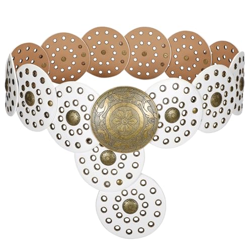 Image of LEACOOLKEY Women's Boho Disc Belt Wide Western Leather Belt Vintage Concho Waist Belts for Dress Jeans