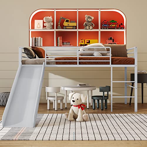 Giantex Twin Loft Bed With Slide, Metal Low Bunk Bed W/Safety Guardrails & Built-In Ladder, Toddler Bed Floor Frame For Boys & Girls, No Box Spring Needed (Silver) #TOP2
