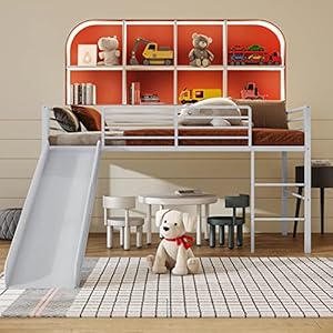 Giantex twin loft bed with slide metal low bunk bed wsafety guardrails built in ladder toddler bed floor frame for boys girls no box spring needed silver  urban country home decor