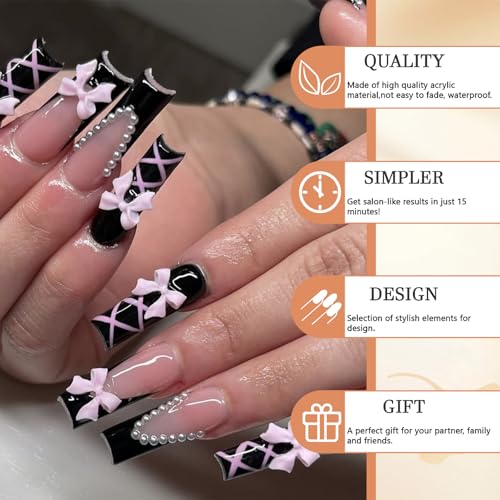 GlamRays Press on Nails Coffin Long Black Glossy Full Cover Acrylic Square French False Nails with Pink Bow Design Artificial Ballet False Nails - Image 3