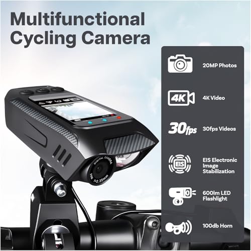 MMOBIEL 4-in-1 Cycling Camera 4K Action Cam with Video, LED Flashlight (600lm), GPS Route Tracker, Horn – IPX5 Waterproof Bike Camera with App (WiFi), 32GB SD Card Included – Easy Handlebar Mount