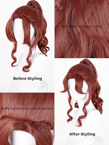 Image of Half and Half Red Brown Ponytail Wig with Bangs Long Curly Dark Brown Anime Cosplay Wig Synthetic Hair for Women Halloween Party