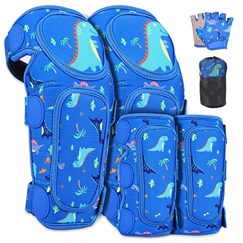 Lot de protections pour enfants 6 en 1 pour coudières et protège-poignets - Pour skateboard, scooter, patinage, conduite, sport de plein air (bleu dinosaure) Cover
