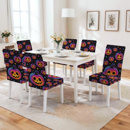 Image of Halloween Neon Pumpkin Dining Chair Covers Set of 4 Slipcover