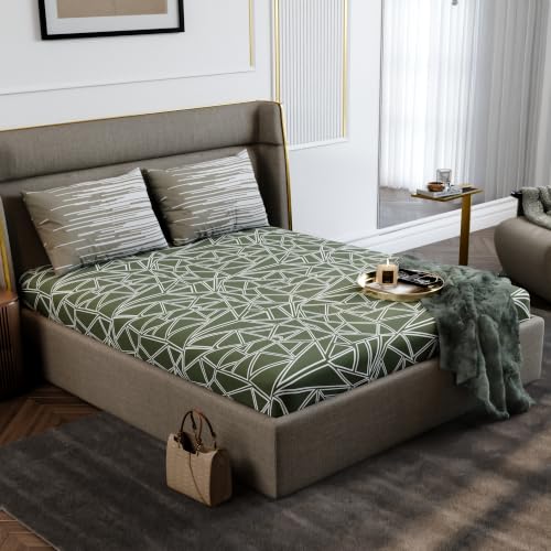 Image of Stoa Paris 100% Cotton King Size Fitted Bedsheet with 2 Pillow Covers, 180TC Printed Bedding Set, All-Season Comfort, Soft & Lightweight, Home Decor, Urbanscape - Sage Spectrum (182cmx198cm+30cm)