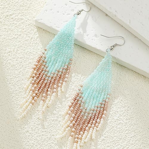 Boho Beaded Bule Tassel Earrings for Women3