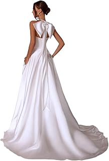 Women's Satin Bow 2024 Wedding Dresses for Bride Halter Neck A Line Brid...