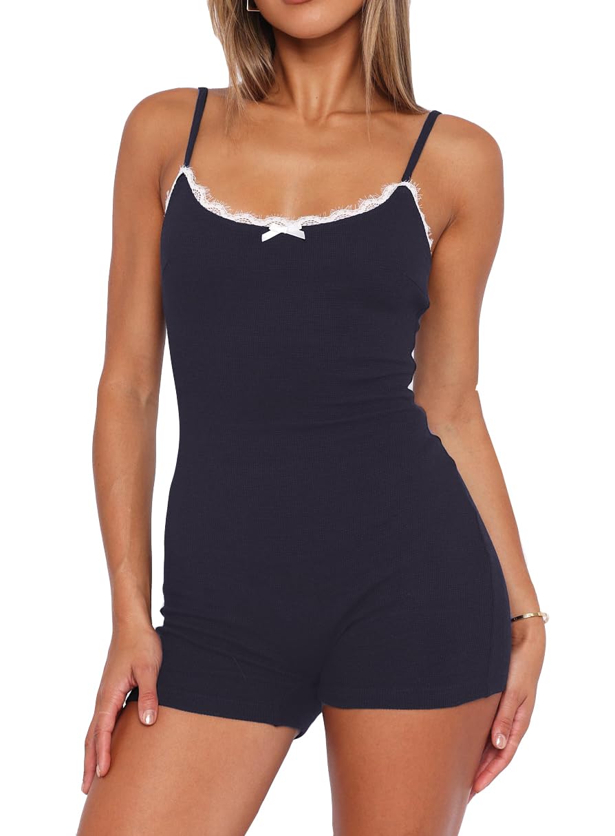 LacozySexy One Piece Onesie Pajamas for Women Lace Trim Short Romper Pjs U Neck Sleeveless Bodysuit Summer Sleepwear