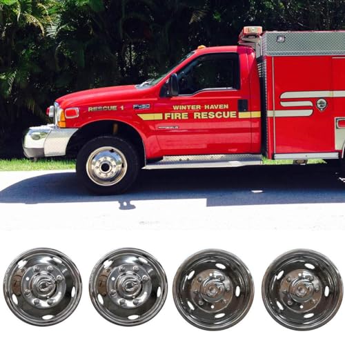 Image of 4pcs 19.5 inch Front Rear Polished Stainless Steel Dually Wheel Simulators,8 Lug 5 Hand Hole Snap On HubCaps,Nice Looking Skins Liners Bolt On Wheel Covers Fit for 1999-2002 Ford F450 F550 Super Duty