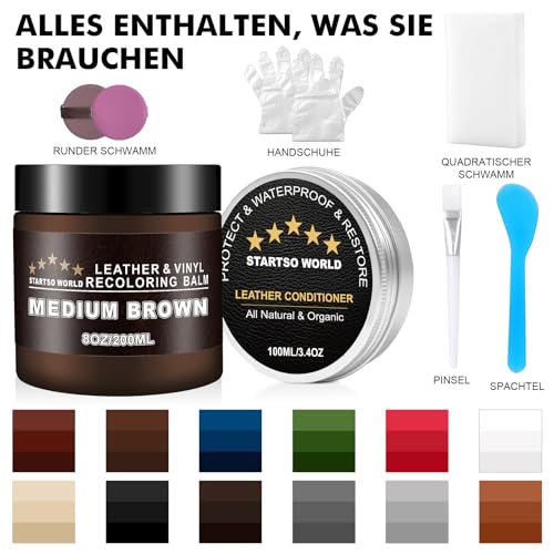 STARTSO WORLD Leder Reparatur Set Medium Braun mit Lederfett, 200ml Flüssigleder, Lederfarbe, Lederpflege Auto, Leder- & Vinyl-Reparaturset für Möbel, Couchen, Sofas, Autositze, Schuhe