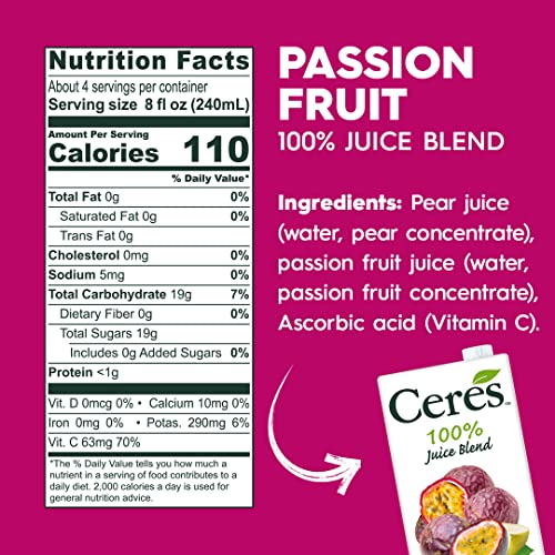 Ceres 100% All Natural Pure Fruit Juice Blend - Delicious Passion Fruit Edition - Rich In Vitamin C, No Added Sugar Or Preservatives, Cholesterol Free, Gluten Free - 33.8 Fl Oz (Pack Of 6) #TOP3