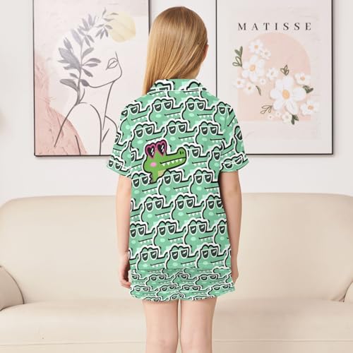 Cute Crocodile Prints Summer Satin Pajama Set, Cute Button-Down Sleepwear Pj Set for Sleep Wears4