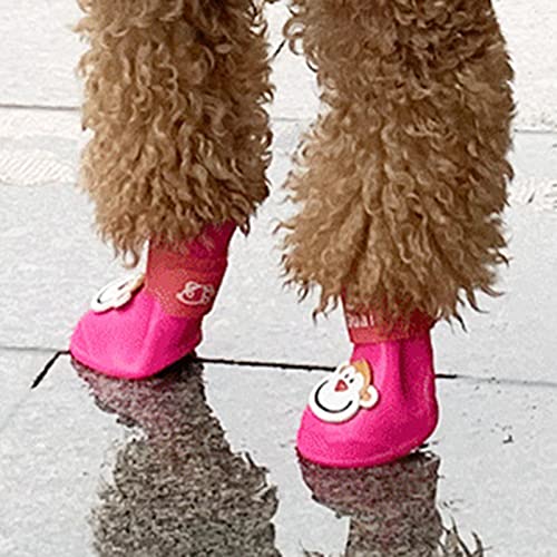 Tinysiry Pet Shoes, Cartoon Monkey Pattern Waterproof Anti-Slip Adjustable Dog Cat Rain Boots, Soft Wear-Resistant Pet Paw Protector For All Weather Pink M #TOP3