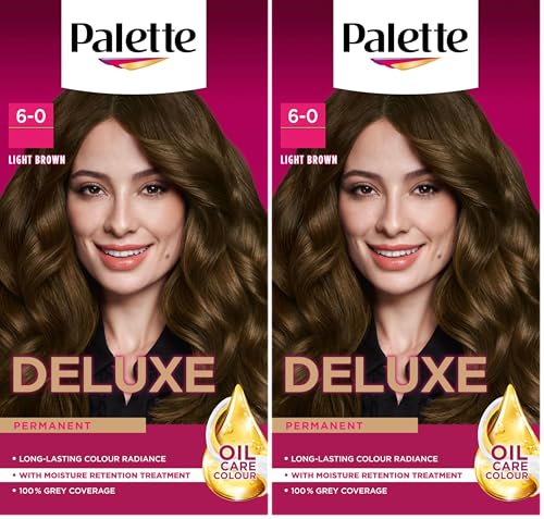 Palette Deluxe Creme Colouration 6-0 Light Brown Hair Dye, Permanent Hair Dye, Long-Lasting Hair Colouring with Moisture Retention Treatment and 100% Grey Coverage (Pack of 2)