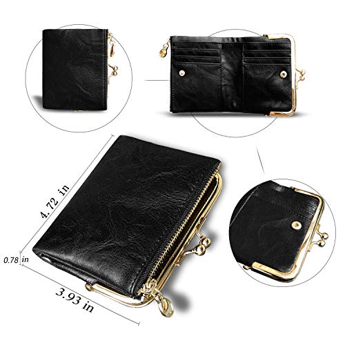 Image of AOXONEL Womens Wallet Small Rfid Ladies Compact Bifold Leather Vintage Coin Purse With Zipper and Kiss Lock, Black, Small, Vintage