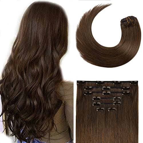 Clip in Hair Extensions 70G Medium Brown 100% Remy Human Hair Clip in Extensions Soft Silky Straight 7pcs 16clips One Pack(22 Inch #4)
