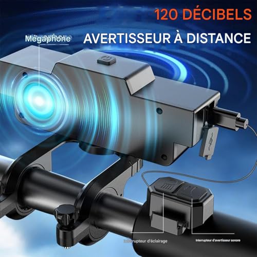 Phare pour vélo avec klaxon 130dB intégré et éclairage sécuritaire