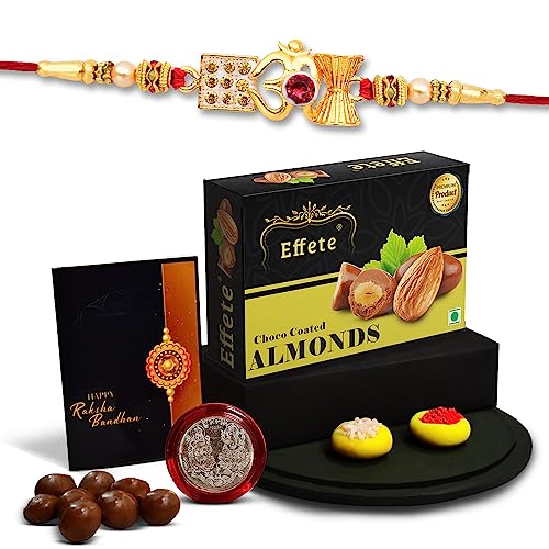Image of DeoDap Multicolor Red Roli Chawal Rakhi Rakhi with Chocolate Almonds 32gm, Silver Pooja Coin, Tilak Set, Greeting Card - Rakhi Gift for Brother