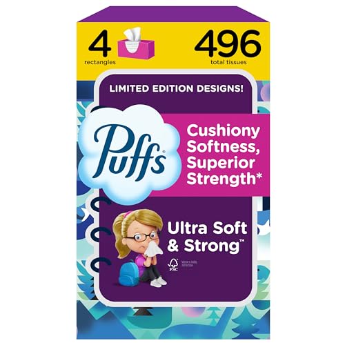 Puffs Facial Tissues Ultra Soft, 4 Family Boxes, 124 Facial Tissues per Box, Allergies and Colds (Packaging May Vary)