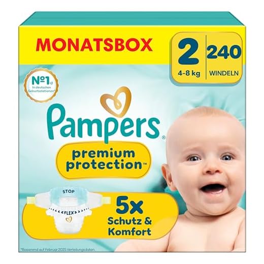Pampers Premium Protection Größe 2, 240 Windeln, 4kg-8kg, Doppelter Schutz für die Haut und vor Auslaufen