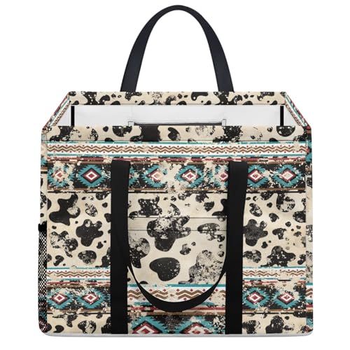 GOSTONG Cowhide Aztec Pattern Foldable Stand Up Extra Large Utility Tote Bag with Handles Grocery Portable Beach Bag for Outdoor Sports
