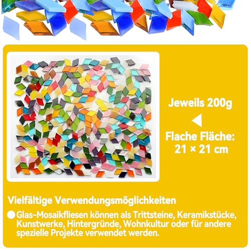AiYoYo 650g Mosaik-Glasfliesen Bunte Rautenförmiges Mosaiksteine Ideal für kreative DIY-Mosaikprojekte, Heimdekoration, Kunsthandwerk, DIY-Projekte und Hobbys