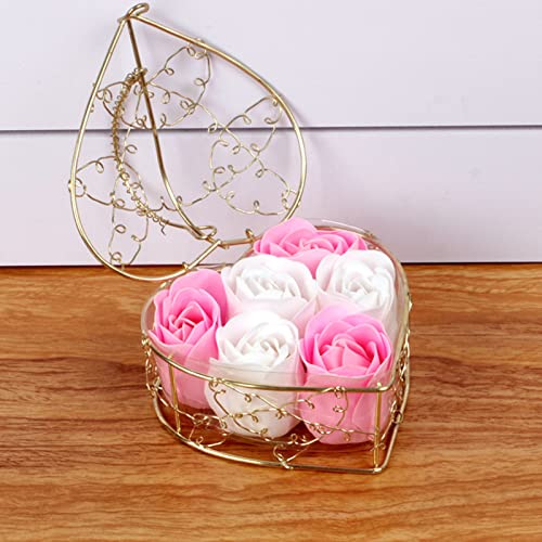 6Pcs Floral Scented Bath Soap Rose Flower Petals, Iron Basket Gift Box Artificial Flowers Valentine's Day Christmas Romantic Gifts Wedding Decorations Pink & White #TOP3