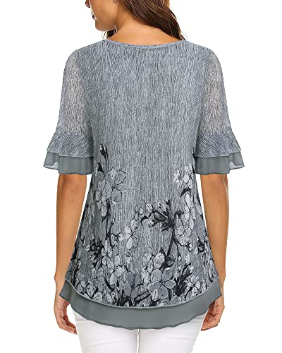 Valolia Womens Tunic Tops, Tops For Beach Vacation Women Sheer Sleeve Tunics For Women Floral Tunic Shirts For Leggings Casual Flowy Shirt Loose Fit Stretchy Top For Spring Summer Blue Grey X-Large #TOP1