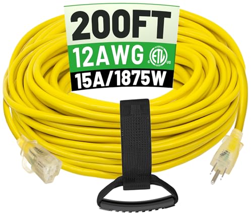 POWGRN 200 ft 12/3 Outdoor Extension Cord Waterproof Heavy Duty with Lighted End 12 Gauge 3 Prong Flexible Cold-Resistant Long Power Cord Outside 15Amp 1875W SJTW Yellow ETL Listed