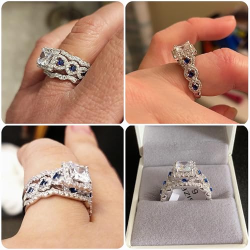 Newshe Jewellery Princess Moissanite Engagement Ring for Women 925 Sterling Silver Wedding Band Rings Blue Sapphire Bridal Sets Promise Size 5-102