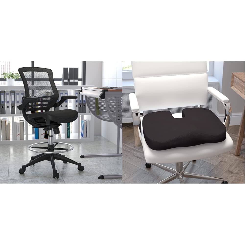 Photo 1 of ***SEE NOTES***Flash Furniture Drafting Stools, Black & Seat Cushion for Office Chair - CertiPUR-US Certified Memory Foam - Pillow for Sitting, Black Black Drafting Chair + Seat Cushion