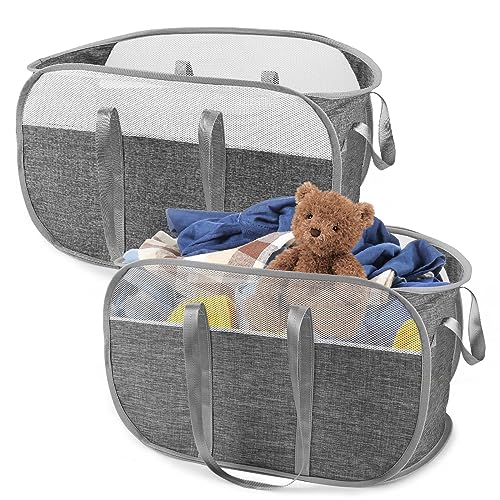 Pop Up Laundry Basket, 75L 2 Pack Collapsible Laundry Basket Mesh Laundry Hampers Foldable Bag Dirty Clothes Storage Basket with Reinforced Handles Space Saving Laundry Bin for Bathroom Kids Room