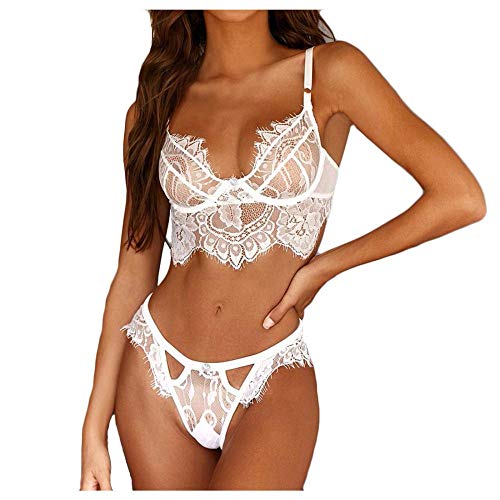 Lingerie couple ensemble soutien-gorge en dentelle blanche et slip transparent taille M