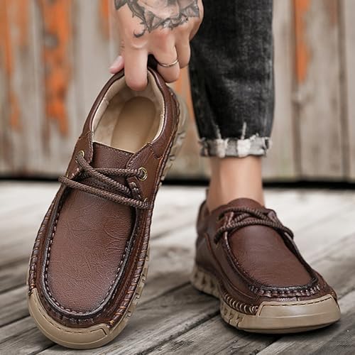 Men's Genuine Leather Lace up Casual Shoes Comfort Round Toe Lug Sole Handmade Loafers Outdoor Work Non Slip Driving Shoes 7