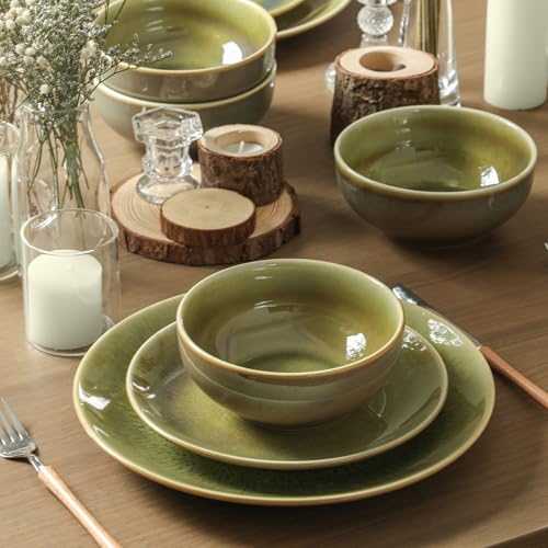 Image of Stone Lain Riley 12-Piece Dinnerware Set Stoneware, Plates and Bowls Set, Dishwasher and Microwave Safe, Dish Set for 4, Green and Blue