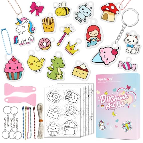 NewFamily 51Pcs Shrink Art Kit for Kids 36 Pre-Cut Shrink Plastic Charms with 15 Charm Accessories No-Mess DIY Jewelry Making Craft Set for Girls Boys