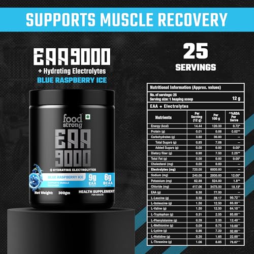 Image of Foodstrong EAA 9000 with Hydrating Electrolytes, Blue Raspberry Ice Flavour, 9g Essential Amino Acids (EAA) & 6g BCAA Per Serving - Supports Muscle Recovery & Rehydration - 300g, 25 Servings