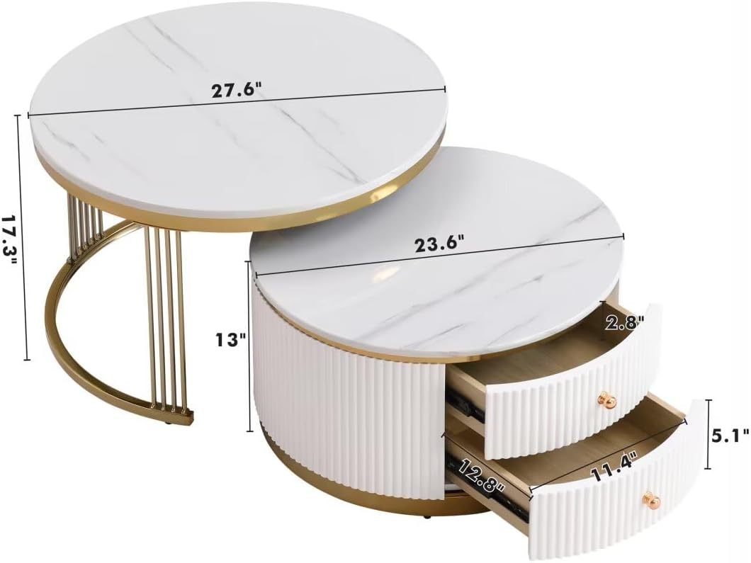 27.6'' Modern 2 Pieces Round Nesting Coffee Table with 2 Drawers for Living Room, White MDF Top with Glossy Finish,Round Coffee Table with Storage (Gold)